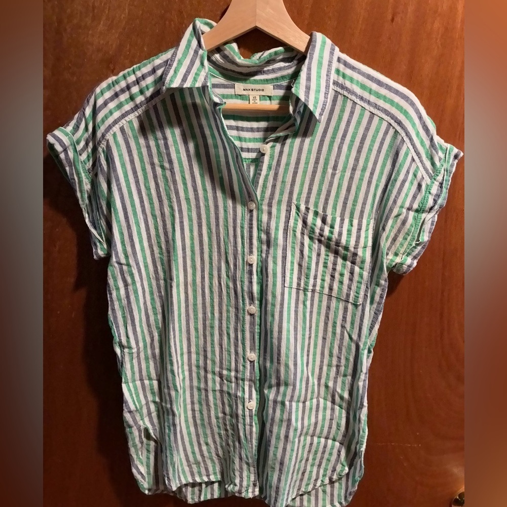 Max Studio Green and Blue Striped Short-Sleeve Button-Up Shirt